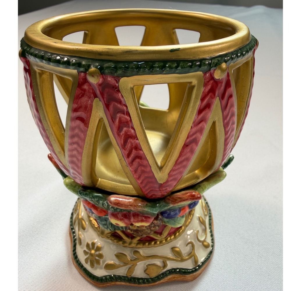 Fitz and Floyd Classics Handcrafted Ceramic Lattice Holly Berry Candle Holder